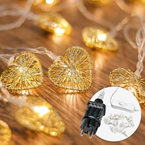 Cobus CozyHome Herz Lichterkette Gold Strom – 20 LED Warmweiß Stecker & 5m | Innen I Verlobung Hochzeitsdeko Tisch Deko I Lichtetterkette Lichterketten I Fairy Lights