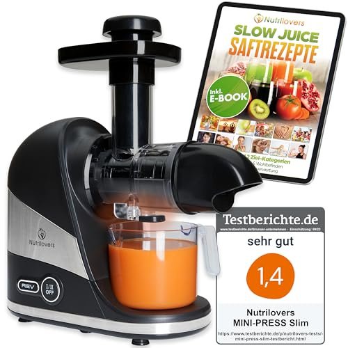 Nutrilovers Entsafter Slow Juicer MINI-PRESS Obst und Gemüse - Deutsche Marke - Kompaktes Design Edelstahl, 100% BPA-frei, Leichte Reinigung - Inkl. Rezepte-Ebook + Nutri-App