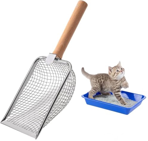 Nokwocy Katzenstreuschaufel, Katzenklo Schaufel Metall, Katzenstreu Schaufel mit Holzgriff, 4mm Porengröße Metall Katzenschaufel,katzenschaufel für katzenklo (Wood)