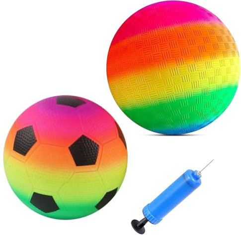 Heyumybit PVC Bouncy Kickball,2 Stück Regenbogen Strand Ball mit Pumpe,Wasserball Fußball,Strandball für Spielplatz,Innen- und Außenbereich 9-Zoll