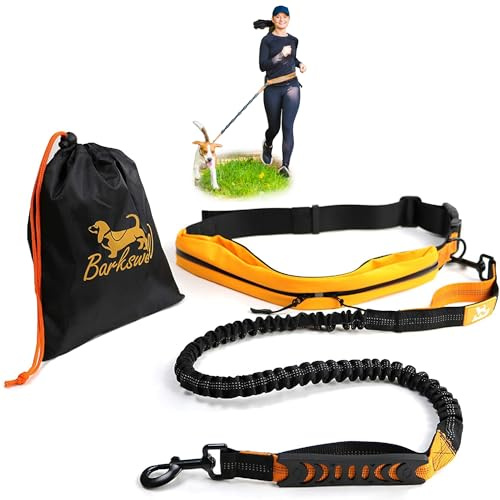 Barkswell Joggingleine Hunde mit Bauchgurt zum Laufen, Joggen, Wandern - Bauchgurt Hundeleine mit 2 Taschen für Wertsachen. - Freihandleine Hund für Grosse und Mittelgroße Hund