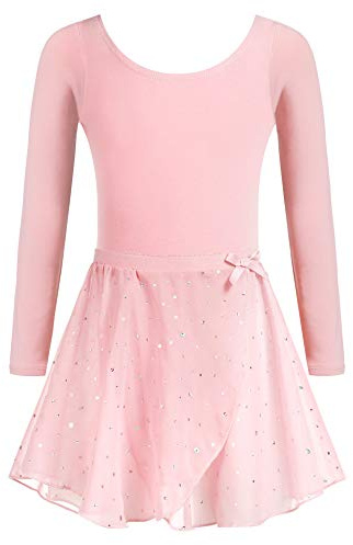 Arshiner Ballettkleidung Mädchen Baumwolle Ballettkleid Balletttrikot Kinder Langarm Tanzkleid Tanzbody mit Chiffon Rock Tütü Rosa 130