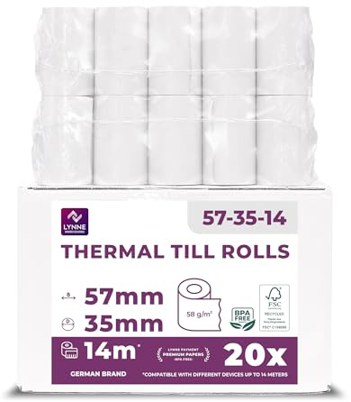 Ec-Cash Thermorollen 57mm x 14m x 12mm - Kassenrollen - Thermopapier - Bonrollen für Bankomat und Kredit-Kartenlesegeräte (EC-Cash - 57x35x12-14 Meter - 20 Rollen)