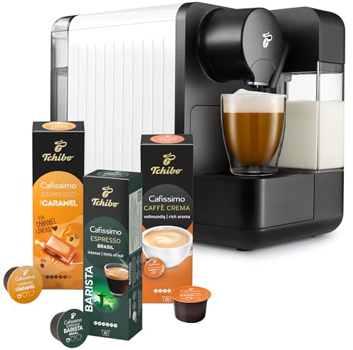 Tchibo Cafissimo „milk“ Kaffeemaschine Kapselmaschine inkl. 30 Kapseln für Caffè Crema, Espresso, Kaffee und Milchspezialitäten, Kapselmaschine mit Milchaufschäumer, Weiß