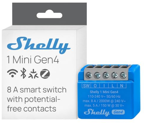 Shelly 1 Mini Gen4 - WLAN & Matter Smart Relais Schalter, 1 Kanal, 8A | Potentialfreier Kontakt, Zigbee, Lichtschalter, App-, Sprach- & Plattformsteuerung, Zeitschaltuhr, Kein Hub Erforderlich