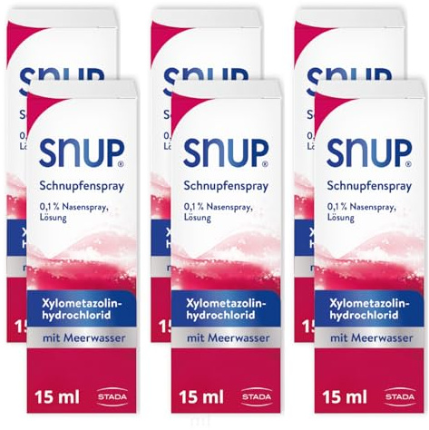 SNUP® Schnupfenspray, Meerwasser Nasenspray bei Heuschnupfen 0,1%, 6 x 15ml | Xylometazolin & Meerwasser, abschwellend, ohne Konservierungsstoffe, bei Allergie & Heuschnupfen, Erwachsene & Kinder ab 6 J.