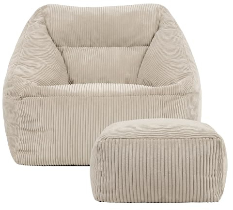 Icon Natalia Sitzsack Sessel mit Hocker für Erwachsene, Beige, Flauschiger Cord Stoff, Riesen Sitzsack Cord mit Füllung, Bean Bag Chair, Bequemer Sessel Wohnzimmer, Lounge, Schlafzimmer, Büro