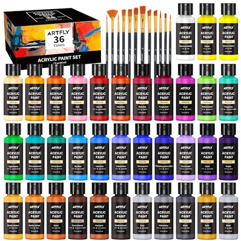 ARTFLY Acrylfarben Set, 36 Farben (2oz/60ml), 12 Pinseln, ungiftig, Acryl Farben wasserfest Reiche Pigmente für Künstler, Student, Erwachsene auf Steine, Leinwand, Holz, Ton, Keramik, Kunsthandwerk