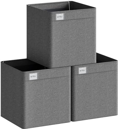 WOLTU Faltbare Aufbewahrungsboxen 3 Stück, Stoffboxen mit Griffen und Etikette, Aufbewahrungswürfel Organizer für Regal, Dunkelgrau, 32,5x32,5x32cm