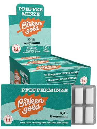 Birkengold Xylit Kaugummi Pfefferminze | 12 Stk. Blister | Zahnpflege-Kaugummi | Zuckerfrei | Hoher Xylit-Anteil 70% | Vegan | Ohne Titandioxid | Ohne Aspartam | Mit Birkenzucker