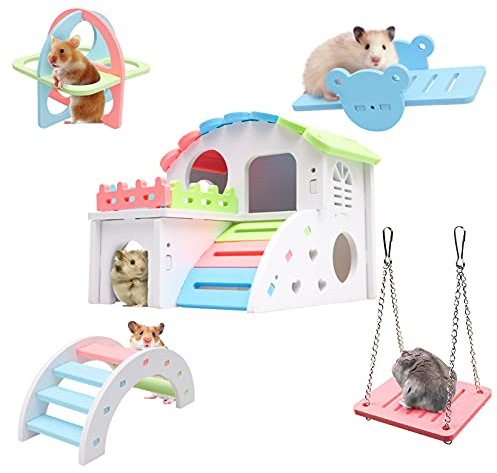 Duogege Syrisches Hamsterspielzeug-Set, verbesserte Version 22,6 cm großes Hamsterhaus, Holz-Rümaus-Versteck Kleintier-Wippe, Meerschweinchen-Sportübungsspielzeug, Regenbogenbrücke, Schaukel,