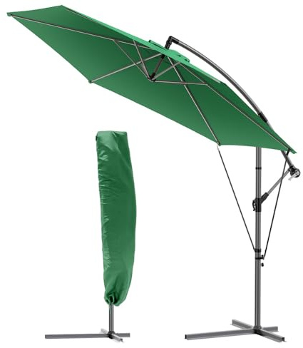 VOUNOT Ampelschirm 300 cm, Sonnenschirm mit Kurbelvorrichtung, Windsicherung und Schutzhülle, Sonnenschutz UV-Schutz, Gartenschirm Marktschirm Kurbelschirm, Grün
