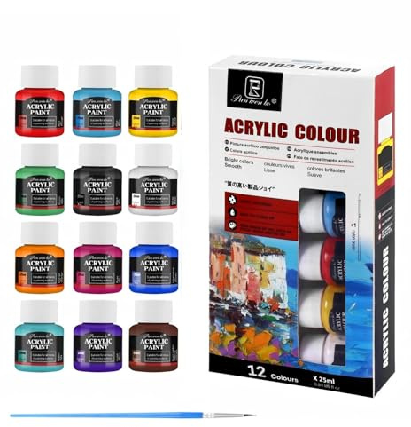 XAQAMY Acrylfarben Set 12 x 25ml – Hohe Deckkraft für Steine bemalen, Holz & Leinwand – Inkl. Pinsel – Wasserfeste Künstlerfarben für Hobby & DIY, Ungiftig