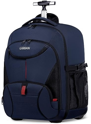 Laptoptasche Rucksack mit Rollen 17,3 Zoll Business Laptop Trolley Handgepäck Wasserdicht Schultrolley Reiserucksack mit Trolleyfunktion Kofferrucksack Schulranzen für Herren Damen Studenten, Blau