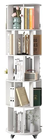 Nisorpa Drehbares Bücherregal mit 4 Rollen, 5-stufiges Bücherregal Weiß Holz Bookshelf Rund (46 x158.5cm)