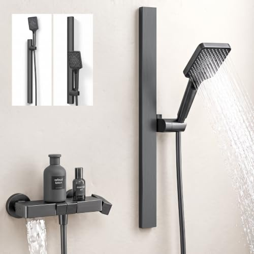 doporro  Duschsystem mit Regendusche, Duscharmatur Komplettset Grau | Duschgarnitur mit Regendusche aus Aluminium, Dusche komplett 3 Strahlarten, höhenverstellbar Duschbrause Thermostat Arvexa-02