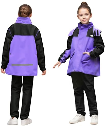 Baogaier Mädchen Regenjacke und Regenhose Set, Kinder Leicht Ungefüttert Regenanzug, Wasserdicht Matschanzug Regenmantel & Matschhose Anzug mit Tragetasche Regenbekleidung, 11-12 Jahre, Lila