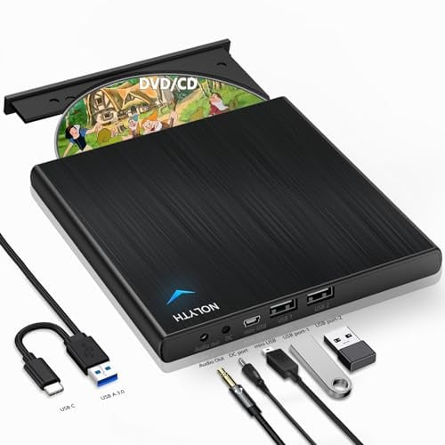 NOLYTH Externes CD Laufwerk für Laptop: USB C DVD Laufwerk Extern für Mac MacBook Windows mit Audio USB Ports Portable Externe CD/DVD Laufwerke Brenner Player