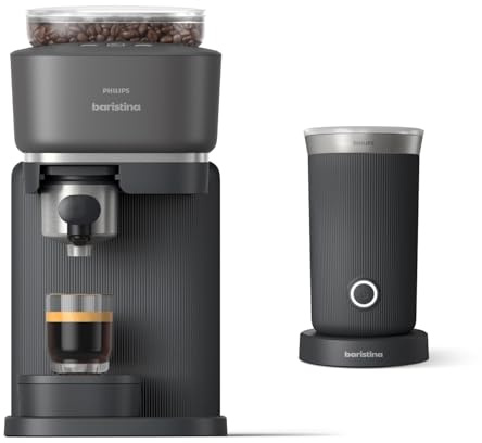 PHILIPS Baristina Espressomaschine und Milchaufschäumer Paket – Automatisches Mahlen, Tampen & Brühen, 16 Bar, Kaffeemaschine mit Mahlwerk & Siebträger, leichte Reinigung, Schwarzgrau (BAR303/60)