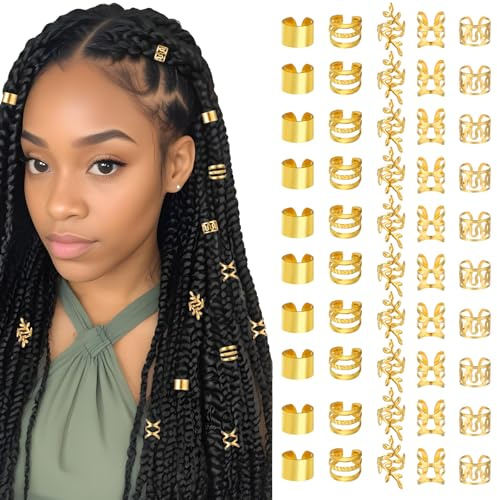 Tyqour 50 Stück Gold Haarschmuck für Zöpfe, Piraten Haarschmuck Gold Dreadlocks Schmuck, Verstellbar Cuffs Haarperlen Haarspiralen für Braids Zubehör, Hair Accessories Loc Hair Jewelry for Women