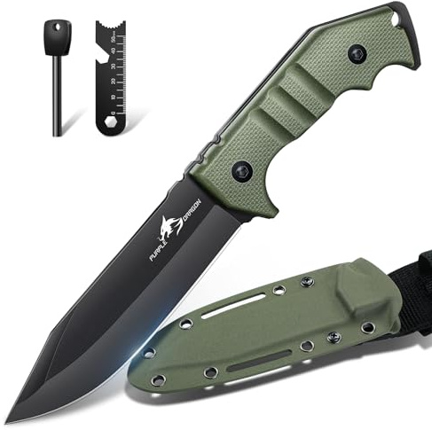 Purple Dragon Survival Messer Feststehende Klinge mit Grüner Kydex Scheide, Full Tang Outdoor Messer aus einem Stück D2 Stahl, G10 Griff für Bushcraft und Camping,Geschenke für Männer