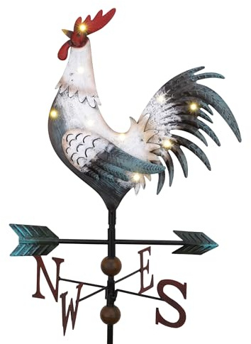 TERESA'S COLLECTIONS Wetterhahn Windfahne,Metall-Hahn Wind Vane 86cm | Weiß Hahn-Wetterfahne,Gartendeko für Draußen,Windrichtungsanzeige Solar Dekoration für Garten, Geschenk für Frauen/Mama/Papa
