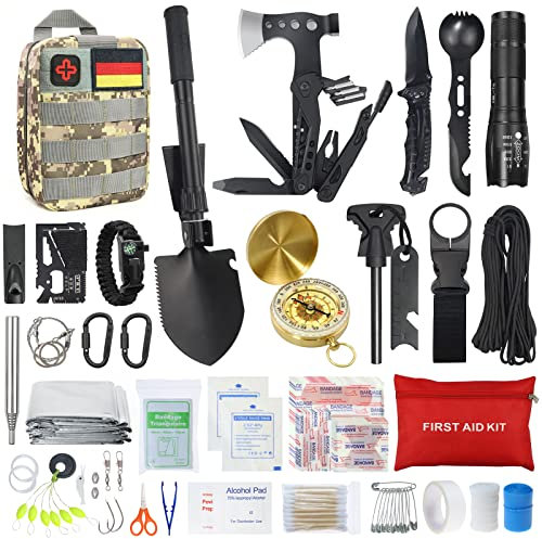 Außen Notfall Survival Kit mit Erste Hilfe Set, WayinTop Survival Ausrüstung mit Multi-Tool Axt, Klappspaten, Rettungsdecke Kompass, Geschenke für Männer Camping/Abenteuer/Wandern im Freien (Bunt)