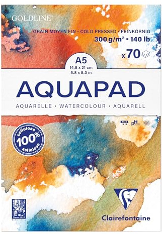 Clairefontaine 975720C - Aquarell Malblock Goldline, 70 Blatt, 300g Zeichenpapier, mittelfein gekörnt, DIN A5, 14,8x21 cm, 1 Stück