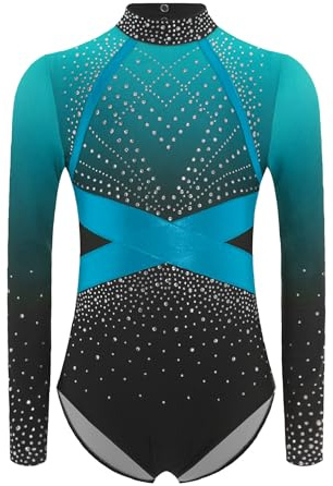 Alvivi Mädchen Turnanzug Glitzer Gymnastikanzug Strass Gymnastik Leotard Langarm Ballettanzug Turntrikot Wettbewerb Tanzkostüm A Himmelblau 146-152