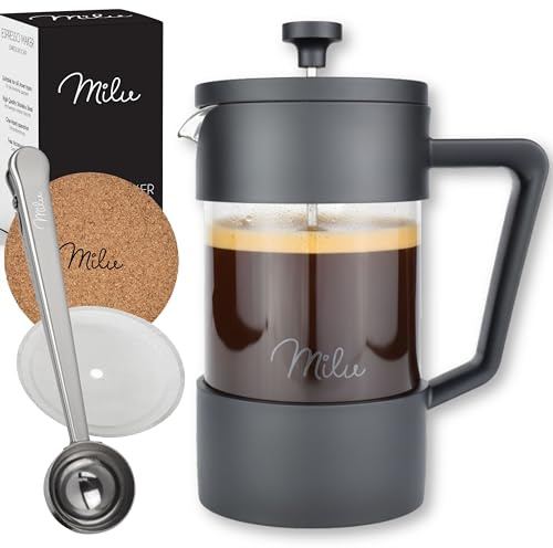 Milu French Press Kaffeebereiter | 350ml, 600ml, 1L | Glas Kaffeepresse, Kaffeezubereiter für Zuhause Reisen Camping inkl. Untersetzer, Löffel, Ersatzfilter (Schwarz, 350ml (2 Tassen)