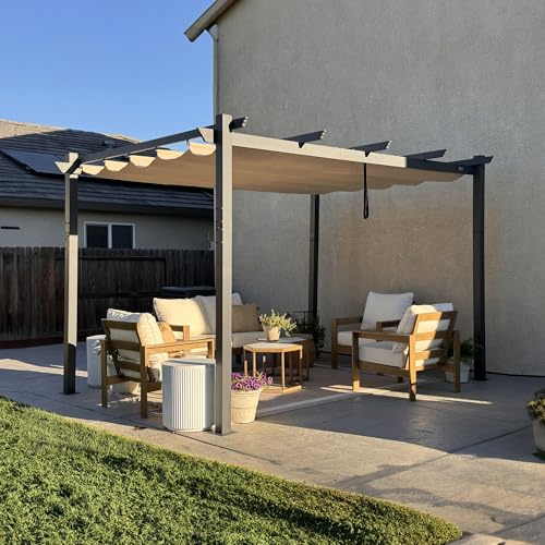 PURPLE LEAF Pergola 3.65 × 4.85 m Sonnenschutz Schiebedach, UV50+, Beige | Alu-Rahmen, 180g/m² Garngefärbter Stoff, Sonnenschutz UV50+, Flexibles Schiebedach, Einfache Montage, Terrassenüberdachung