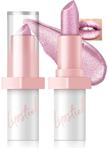 Noerrors Metallisches Pink Frost Glitzer Lippenstift, Hochglanz Lippenfarbe mit hoher Wirkung, Übertragungsfester cremiger Nude-Lippenstift Schimmernder nicht haftender Becher Lippen-Make-up