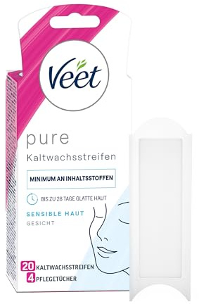 Veet PURE Kaltwachsstreifen – Geeignet für sensible Haut – Anwendung für Gesicht – Bis zu 28 Tage glatte Haut - 10 Doppelstreifen = 20 Einzelstreifen