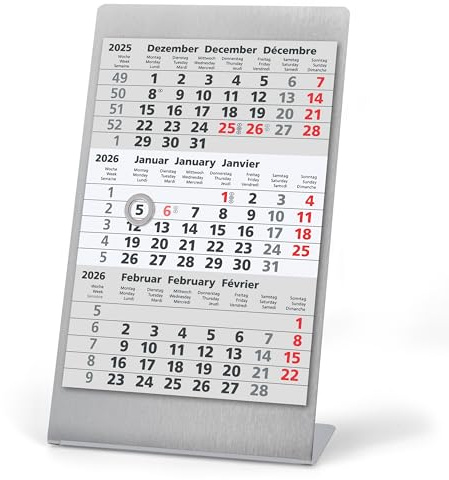 Truento 3-Monats-Tischkalender zum Aufstellen für 2 Jahre (2026 & 2027) inkl. Block und Magnet - Edelstahl gebürstet/silber - Bürokalender - Aufstellkalender - Stehkalender