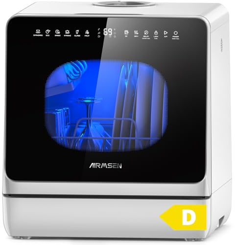 AIRMSEN Mini Geschirrspüler, Tischgeschirrspüler, Mini Spülmaschine mit 8+3 Programmen, 5L Tank, Enthärtungssystem, 1–18 Std Startverzögerung & Kindersicherung