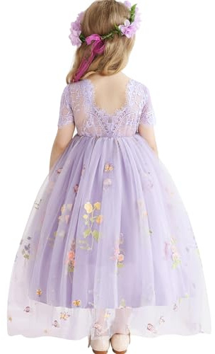 Amissz BlumenmäDchenkleider Spitze Hinten Kleid Und Blumenstickerei Geburtstag Tutu-TüLl-Kleider Festliches Kleid MäDchen Abendkleid Cocktailkleid Festzug Ballkleid 2-8 Jahr