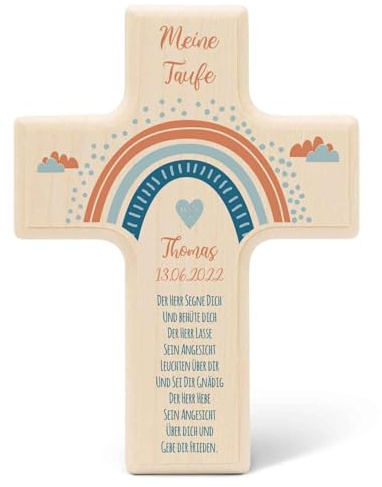 GRAVURZEILE Personalisiertes Kinderkreuz zur Taufe Kommunion und Konfirmation - Regenbogen - Holzkreuz für Kinder personalisiert mit Text - Personalisierte Geschenke für Jungen und Mädchen - Blau