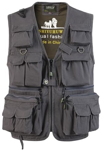 SUSHIMIAN Herren Outdoor Weste mit Vielen Taschen Jagdweste Anglerweste Multifunktionsweste Arbeitsweste Baumwolle Safari Weste Fischerweste mit Reißverschluss, Grau, M