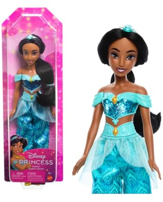 Mattel Disney Prinzessin-Spielzeug, bewegliche Jasmin-Modepuppe mit glitzernder Kleidung und Accessoires, inspiriert vom Disney-Film, Geschenk für Kinder, HLW12