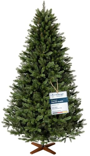 FAIRYTREES Weihnachtsbaum künstlich, Nordmanntanne Premium 220 cm, Naturgetreue Spritzguss Elemente, Made in EU, Künstlicher Weihnachtsbaum mit handgefertigtem Ständer aus Eschenholz
