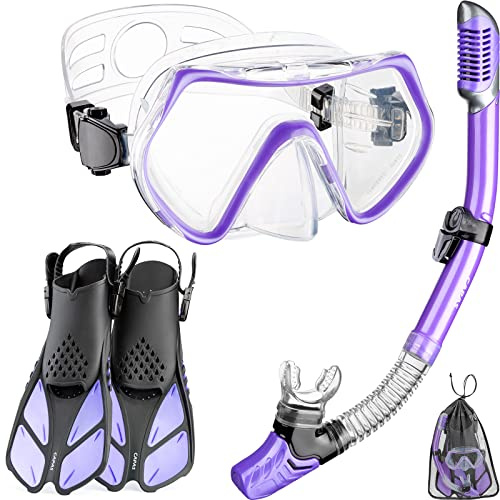 CAPAS Schnorchelset mit Flossen, Schnorchelausrüstung in Reisegröße für Erwachsene mit kurzen verstellbaren Schwimmflossen, Hochresistente Tauchermaske und Dry Top Schnorchel, mit Tragetasche