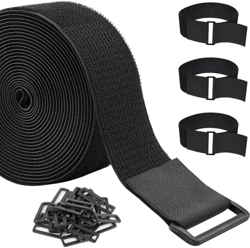 ZSURLUX 3,8cm x 5m Klettband mit 20 Schnallen, Breit Klett Kabelbinder Wiederverschließbar, Klettverschluss Band Verstellbar, Klettgurt mit öse zur Organize und Aufbewahrung Schwarz