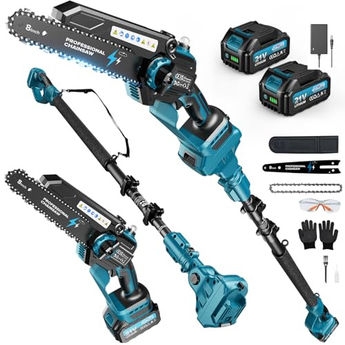 2-in-1 Mini Kettensäge 8 Zoll mit Teleskopstange, 1200W Bürstenlose Teleskop Kettensäge mit 2 Akku, 50ml Öltank, Arbeitsreichweite 4M