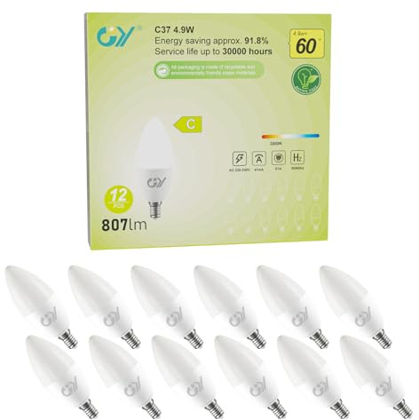 GY E14 LED Ultrahelle Energiespar Glühbirne, 4.9W Glühbirne E14, Ersetzt 60W lampe, C37 LED Birne 807LM, 3000K Led Warmweiss, 280° Abstrahlwinkel Energiesparlampe, Nicht Dimmbar, 12 Stück