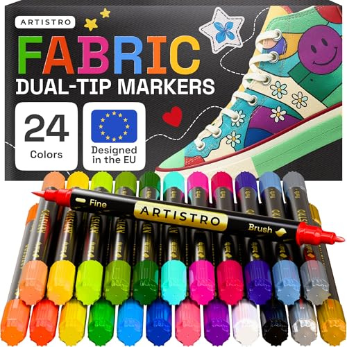 Artistro 24 Doppelseitige Textilstifte- Stoffdekorationsset - Permanent für Kleidung - Kein Auslaufen für T-Shirts, Taschen, Textilien, Leinwand und mehr (Pinselspitze und Feine Spitze)