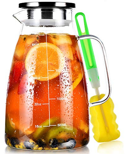 Aofmee Karaffe 2 Liter, Glaskaraffe, Wasserkaraffe, Karaffe Glas, Glaskaraffe mit Deckel, Wasserkrug, Glaskrug, Wasserkaraffe mit Kühlung, Eistee Krug Saft Krug, Getränkekaraffe Glaskanne