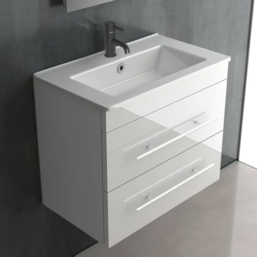 Alpenberger Waschbecken Badezimmer Waschtisch mit Unterschrank 60 cm Breit Hängend | Gäste WC Waschbecken mit Unterschrank Bad Möbel Modern Set | Kleiner Waschbeckenunterschrank Weiß