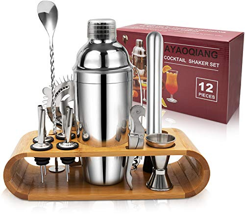 Cocktail Set, Edelstahl Cocktail Shaker Bar Set, 12 Stück Cocktailmixer Set mit Holzständer, Messbecher und Bar Löffel, 750ml Shaker Cocktail Set für Zuhause oder die Bar