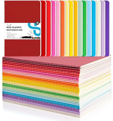Koogel 32 Stück Kleine Blanko Notizbücher, Notizbuch Journal Tagebuch Notizblöcke Schulhefte 14cm x 9cm Notizbücher mit Kraftpapier-Einband 16 Farben