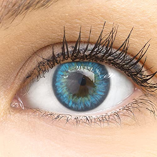GLAMLENS Blaue Farbige Kontaktlinsen Fresh Blue Blau Sehr Stark Deckende SILIKON COMFORT NEUHEIT + Behälter - 1 Paar (2 Stück) - DIA 14.50 - Ohne Stärke 0.00 Dioptrien